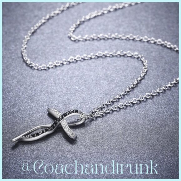 925 Sterling Silver Black Spinel and White CZ Cross Necklace - Picture 3 of 3